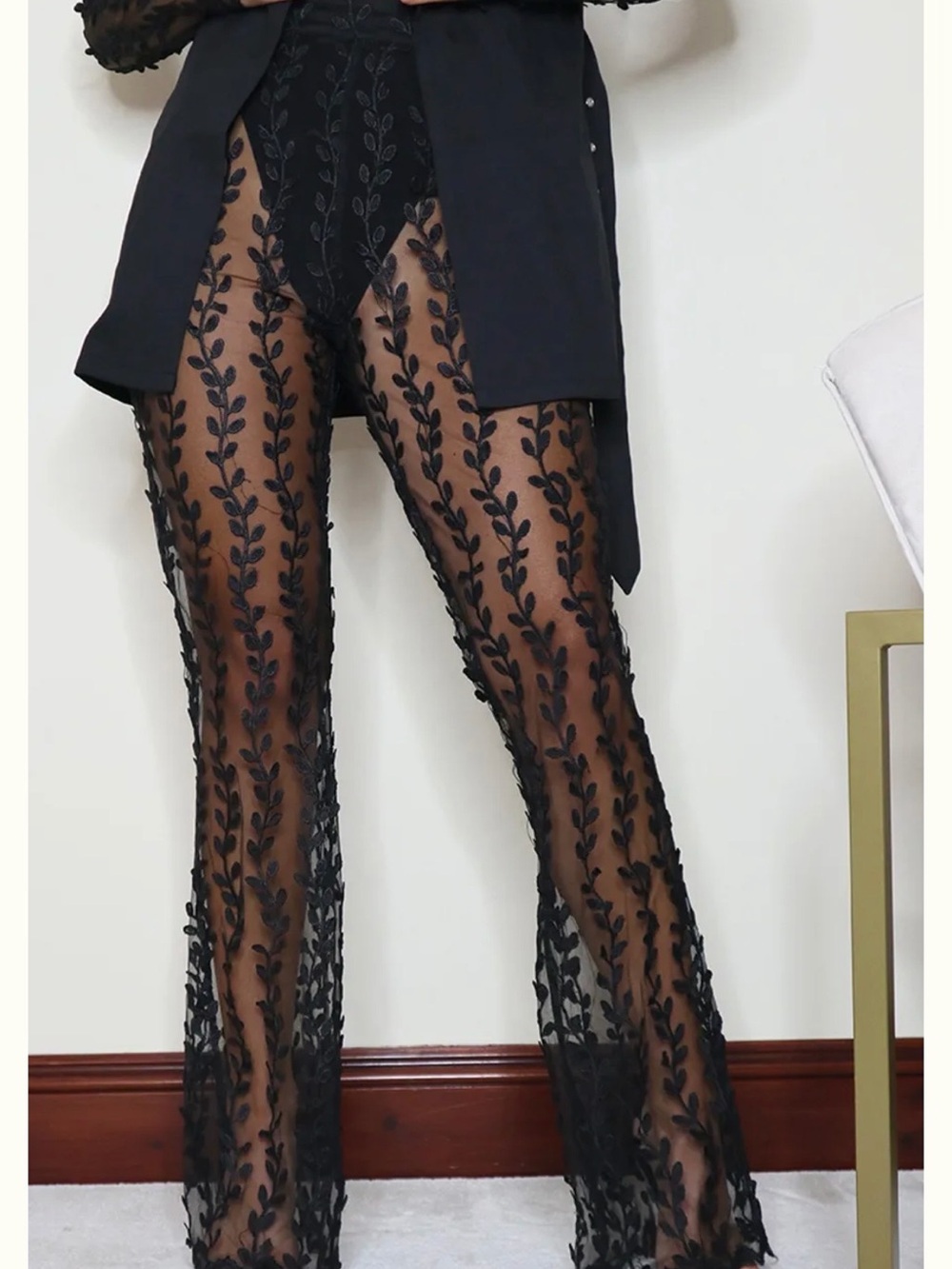 PrettyLittleThing Black Sheer Embroidered Wide-Leg Trousers